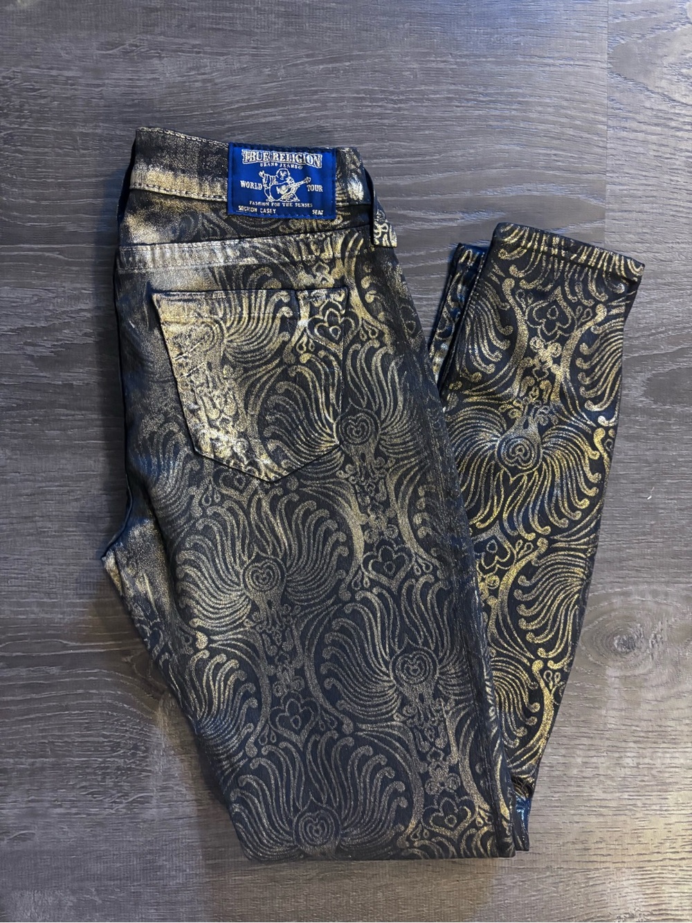 True Religion Black and Gold Brocade Jeans